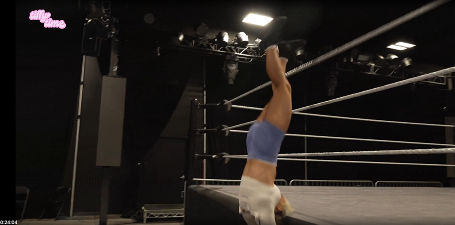 Tiffany Stratton landing outside the ring area
